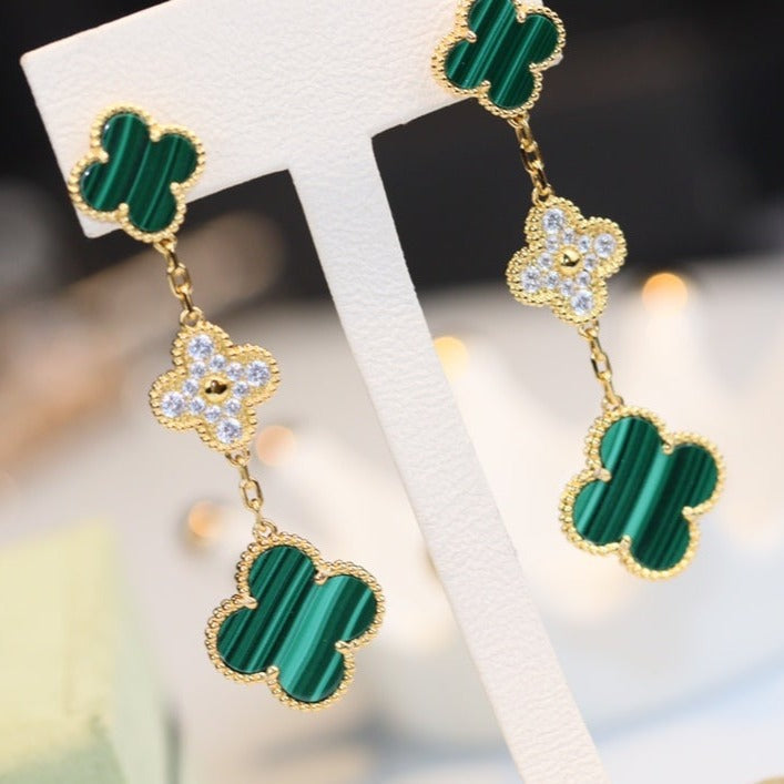 ¡®Twinkle jewelry¡¯CLOVER EARRINGS GOLD MALACHITE DIAMOND 3 MOTIF