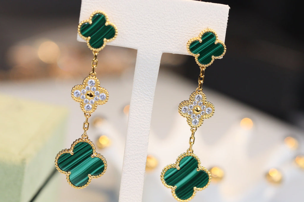 ¡®Twinkle jewelry¡¯CLOVER EARRINGS GOLD MALACHITE DIAMOND 3 MOTIF
