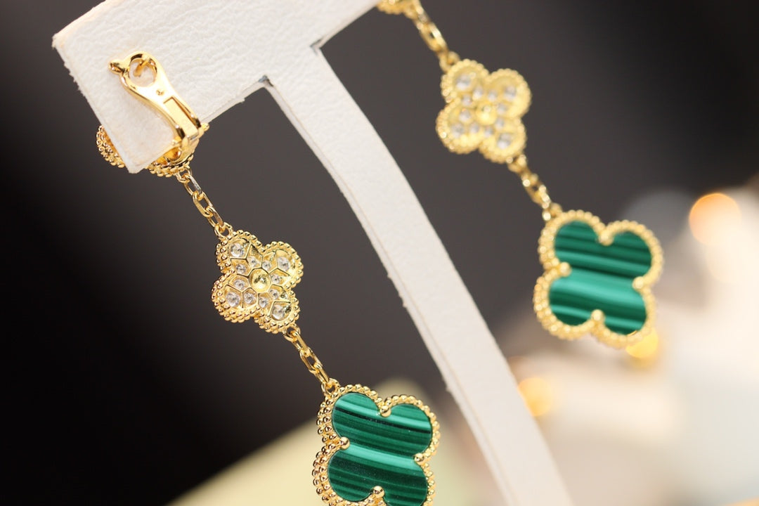 ¡®Twinkle jewelry¡¯CLOVER EARRINGS GOLD MALACHITE DIAMOND 3 MOTIF
