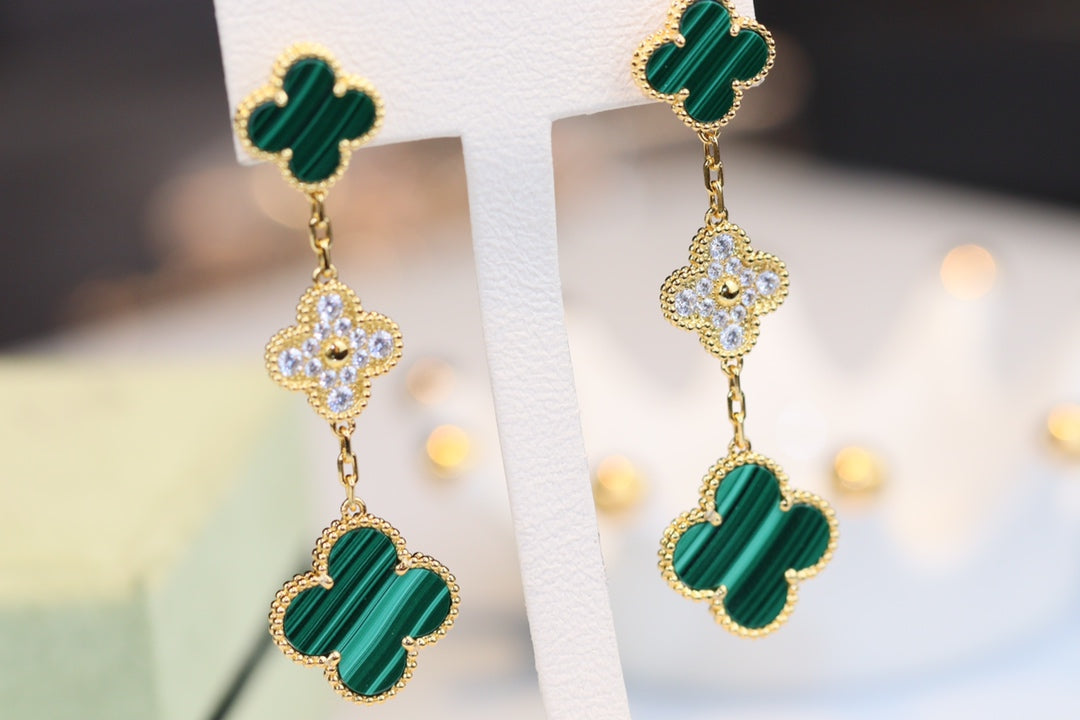 ¡®Twinkle jewelry¡¯CLOVER EARRINGS GOLD MALACHITE DIAMOND 3 MOTIF