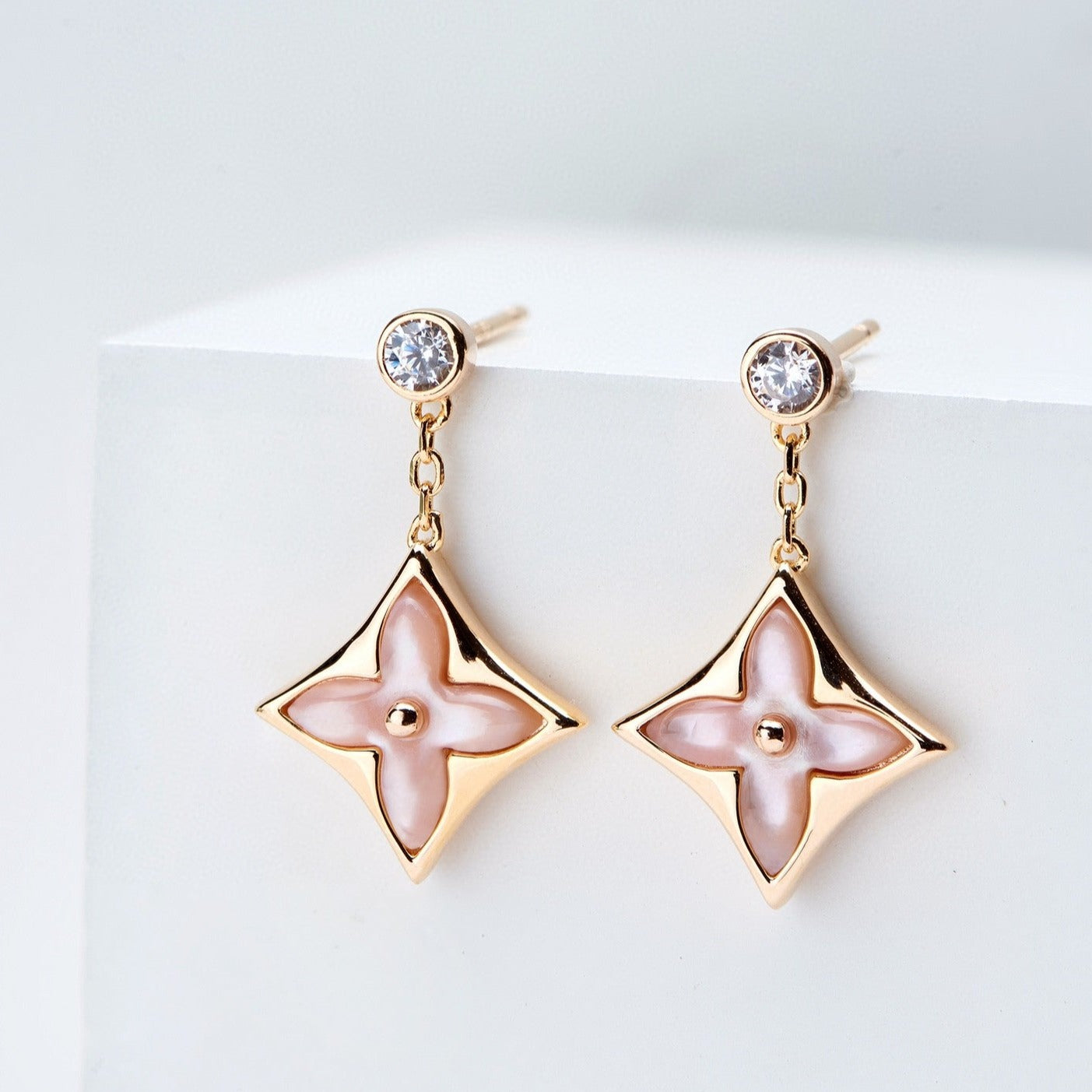 ¡®Twinkle jewelry¡¯DOUBLE STAR PINK GOLD MOP DROP EARRINGS