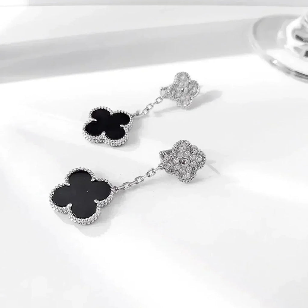 ¡®Twinkle jewelry¡¯CLOVER 2 MOTIFS  DIAMOND ONYX EARRINGS SILVER