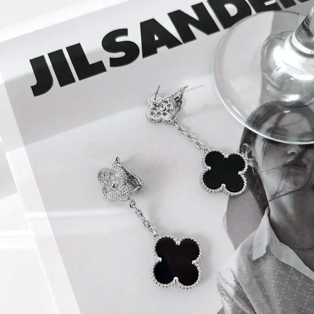 ¡®Twinkle jewelry¡¯CLOVER 2 MOTIFS  DIAMOND ONYX EARRINGS SILVER