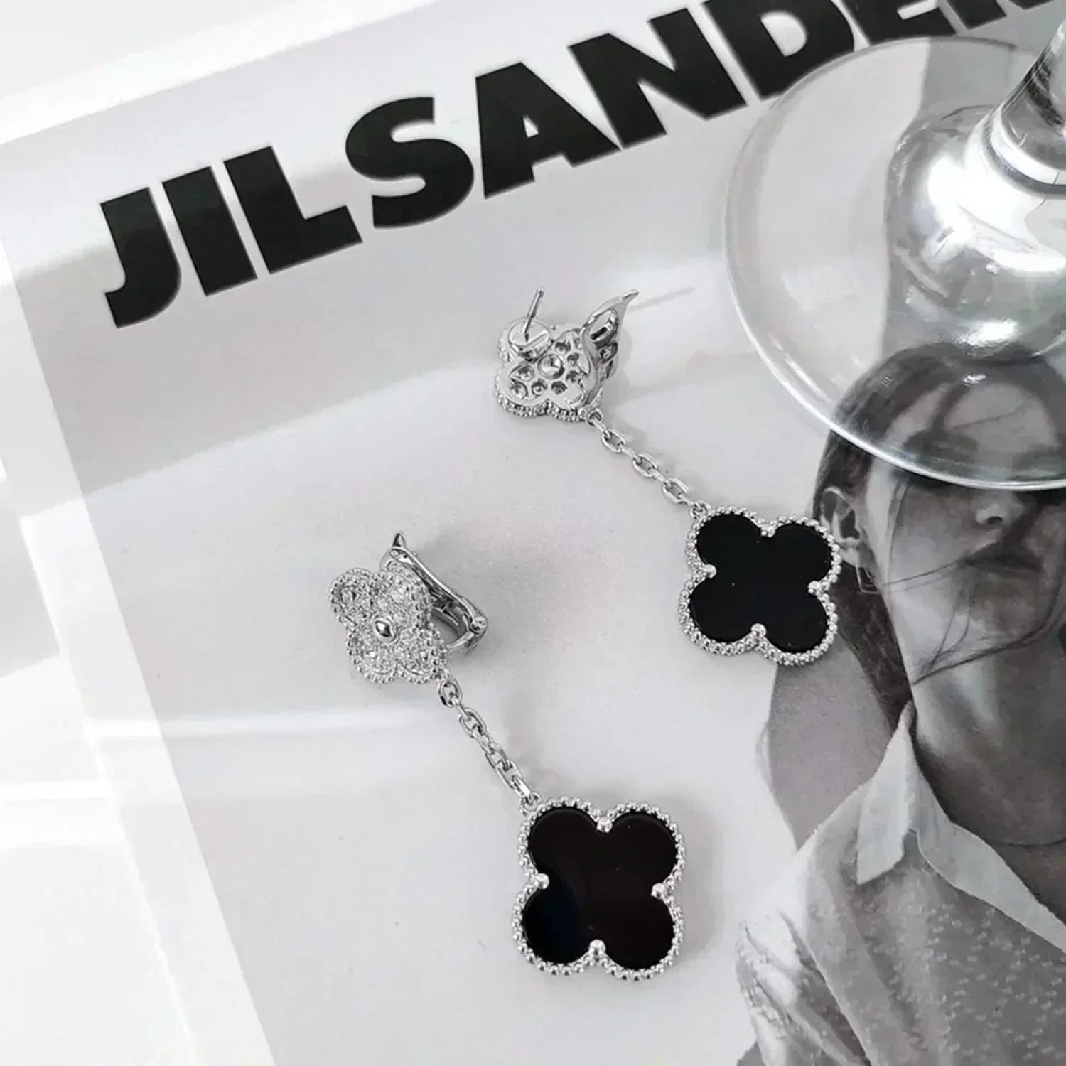 ¡®Twinkle jewelry¡¯CLOVER 2 MOTIFS  DIAMOND ONYX EARRINGS SILVER