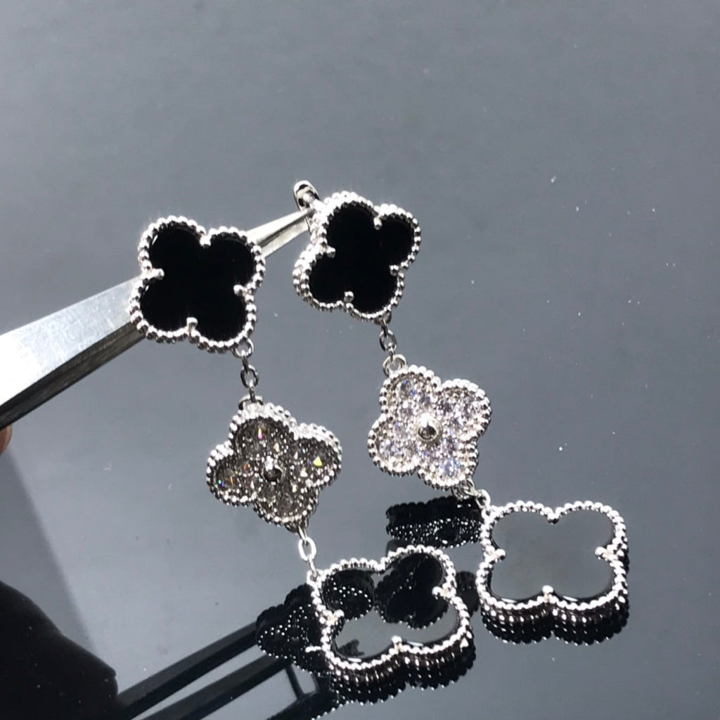 ¡®Twinkle jewelry¡¯CLOVER 3 MOTIF DIAMOND ONYX SILVER EARRINGS