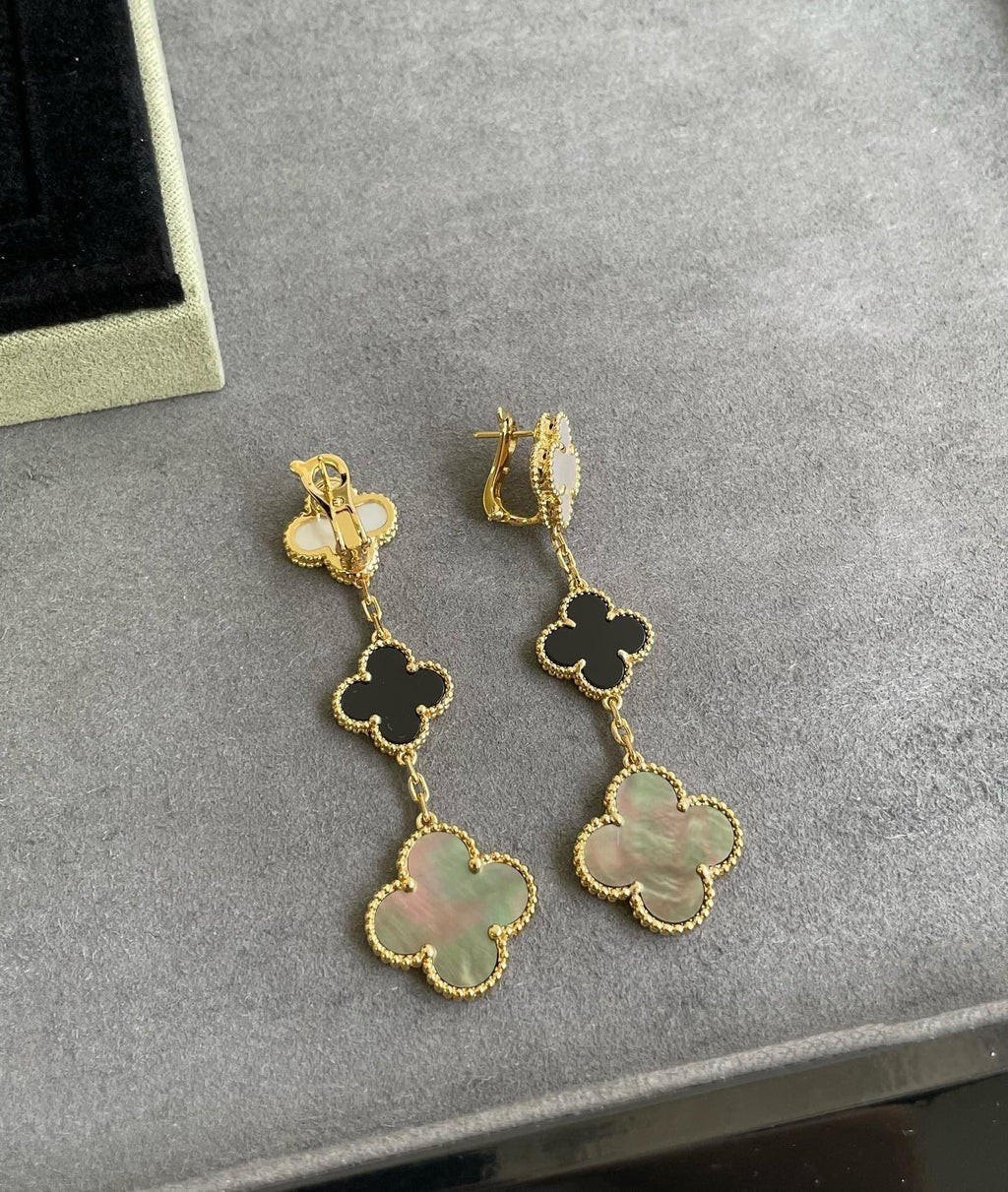¡®Twinkle jewelry¡¯CLOVER 3 MOTIF MOP ONYX DARK MOP PINK GOLD EARRINGS