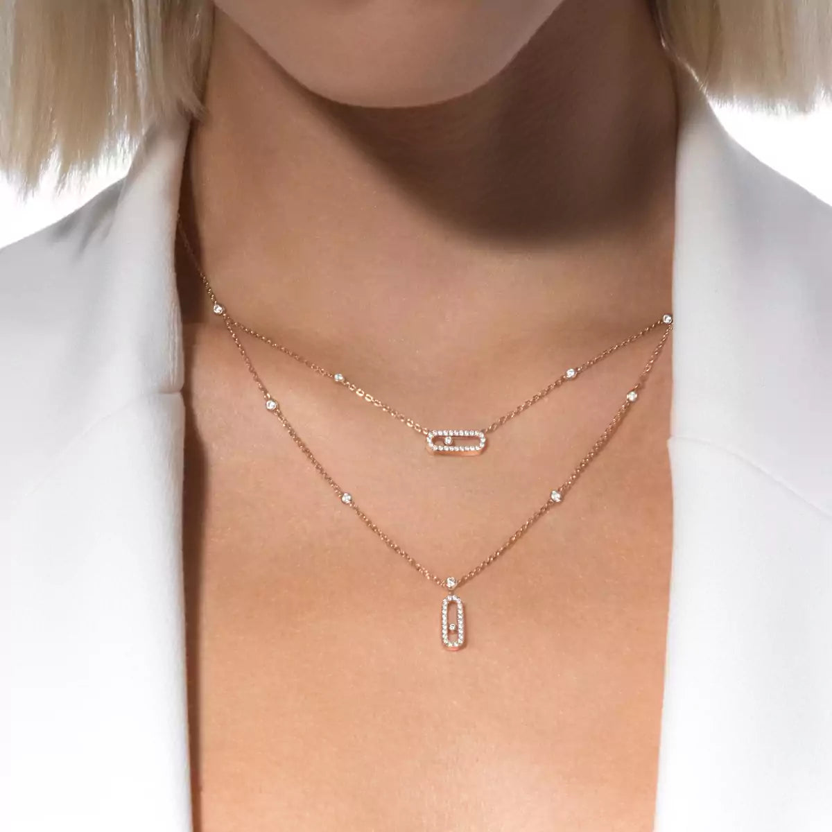 [Twinkle jewelrys]2 Rows Rose Gold Diamond Pave_ Necklace Move Uno