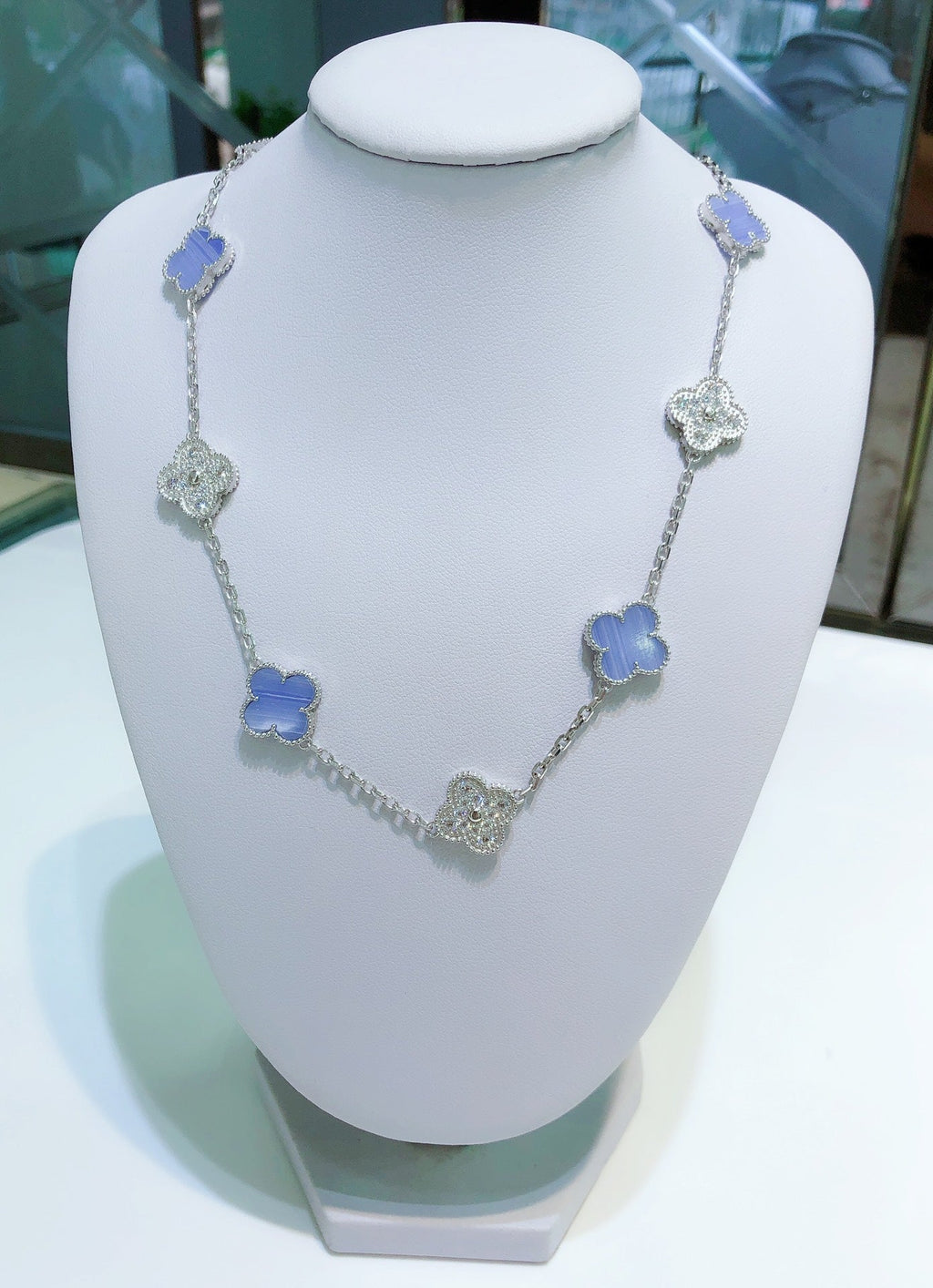 ¡®Twinkle jewelry¡¯CLOVER 10 MOTIFS CHALCEDONY DIAMONDS SILVER NECKLACE