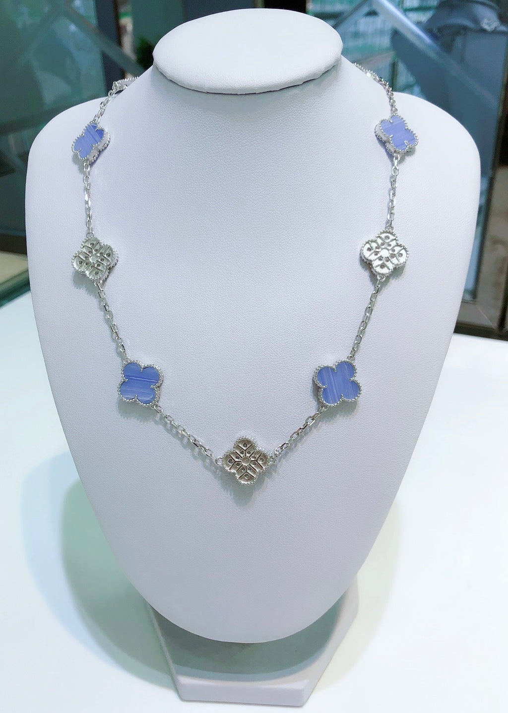 ¡®Twinkle jewelry¡¯CLOVER 10 MOTIFS CHALCEDONY DIAMONDS SILVER NECKLACE