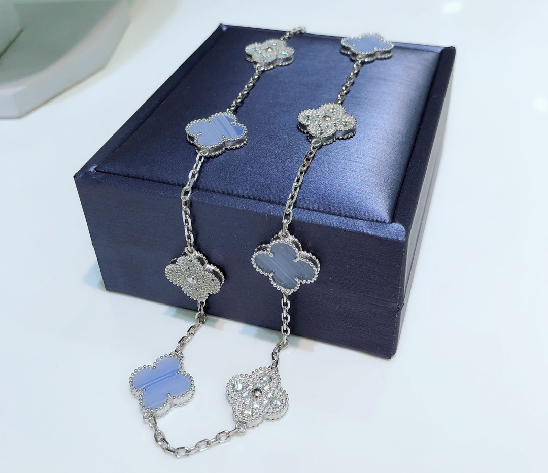 ¡®Twinkle jewelry¡¯CLOVER 10 MOTIFS CHALCEDONY DIAMONDS SILVER NECKLACE